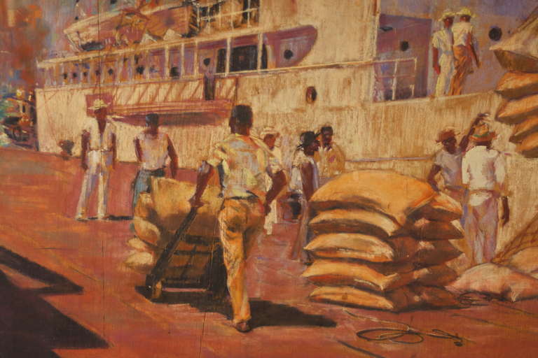 Expressionist Carribean Harbor Scene of Shipping in the Old-Fashioned Way For Sale
