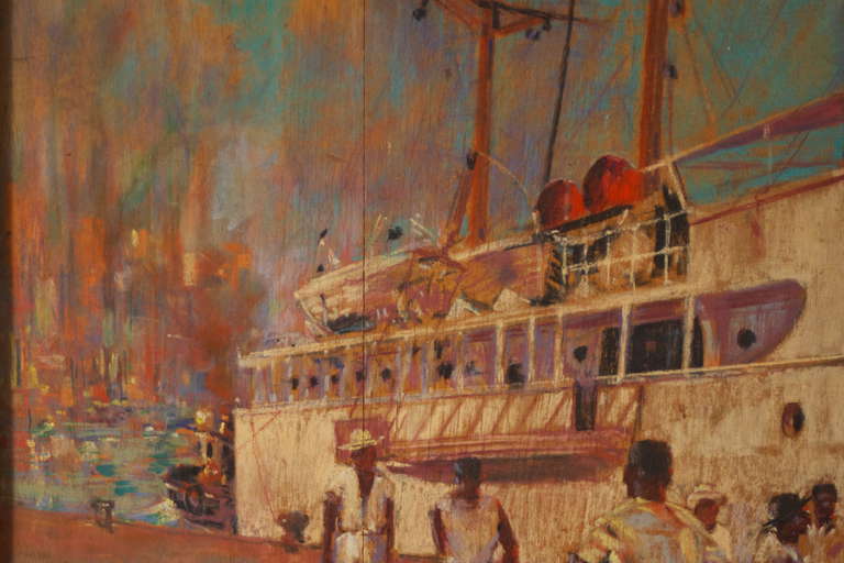 Unknown Carribean Harbor Scene of Shipping in the Old-Fashioned Way For Sale