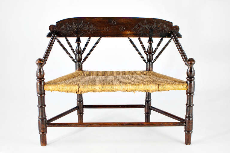 this typical shaped small and stabile bank comes from the artist´s colony worpswede near bremen and german ocean. as a pittoresque example of the worpsweder style it is much rarer than chairs. seat binding still excellent.