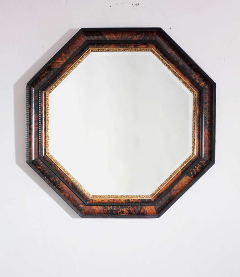 20th Century Octagonal Faux Tortoise with Black Trim Mirror For Sale at