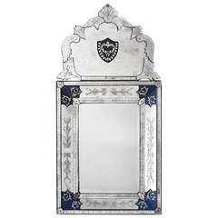Vintage Venetian Mirror with Two-Part Blue Glass Corner Medallions