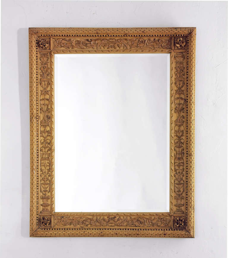 Antique Carved Pine Mirror with Large Carved Rosette Corners