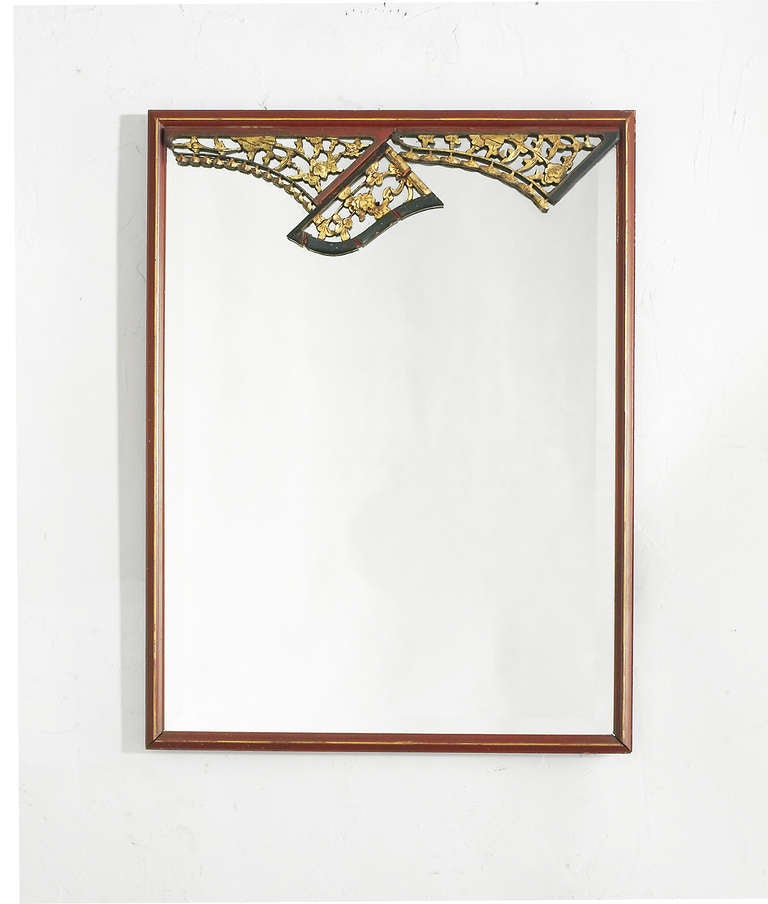 Asian Red Lacquer Wooden Frame Mirror