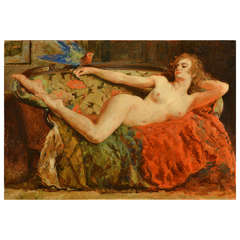 Nude female portrait - The Siren by Emile Baes - Oil on Canvas - 20th Century 