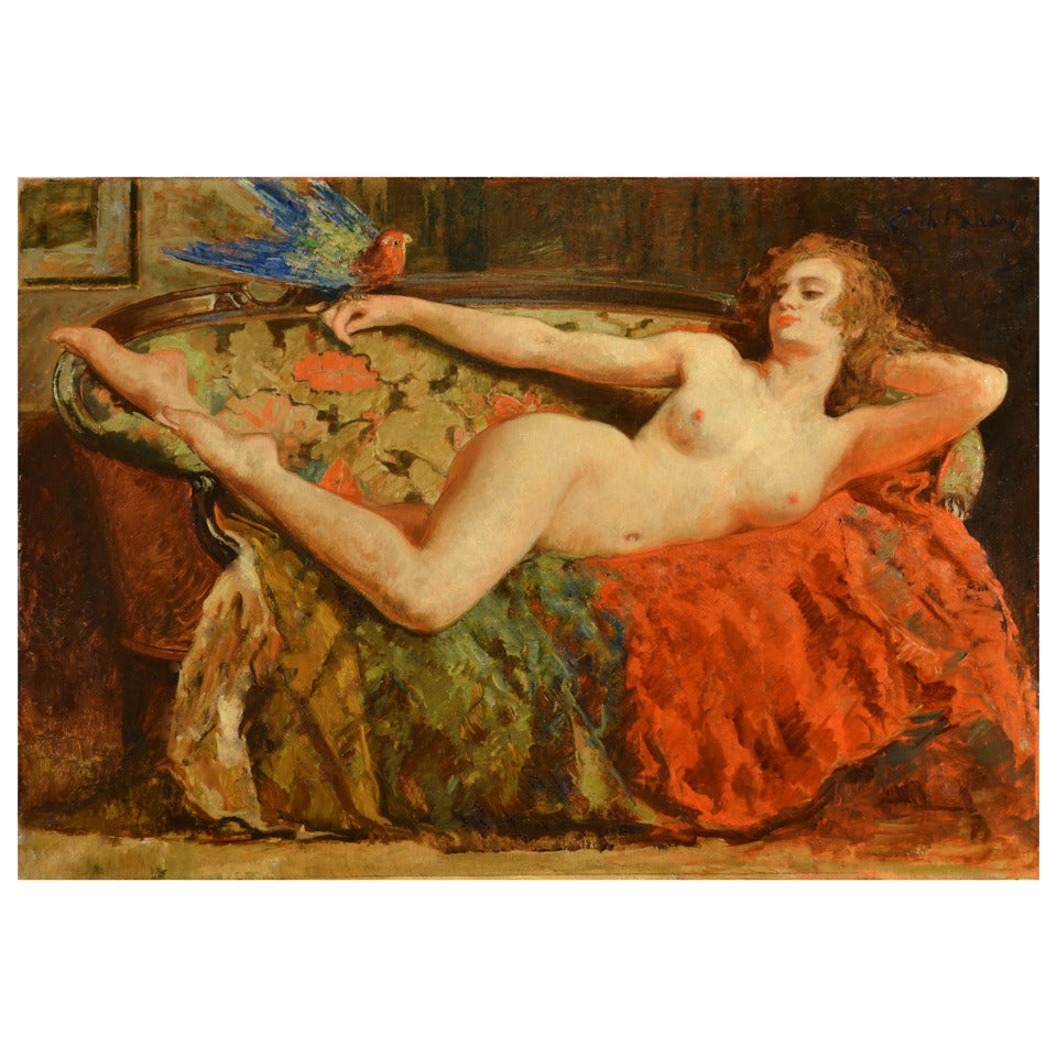 Nude female portrait - The Siren by Emile Baes - Oil on Canvas - 20th Century  For Sale