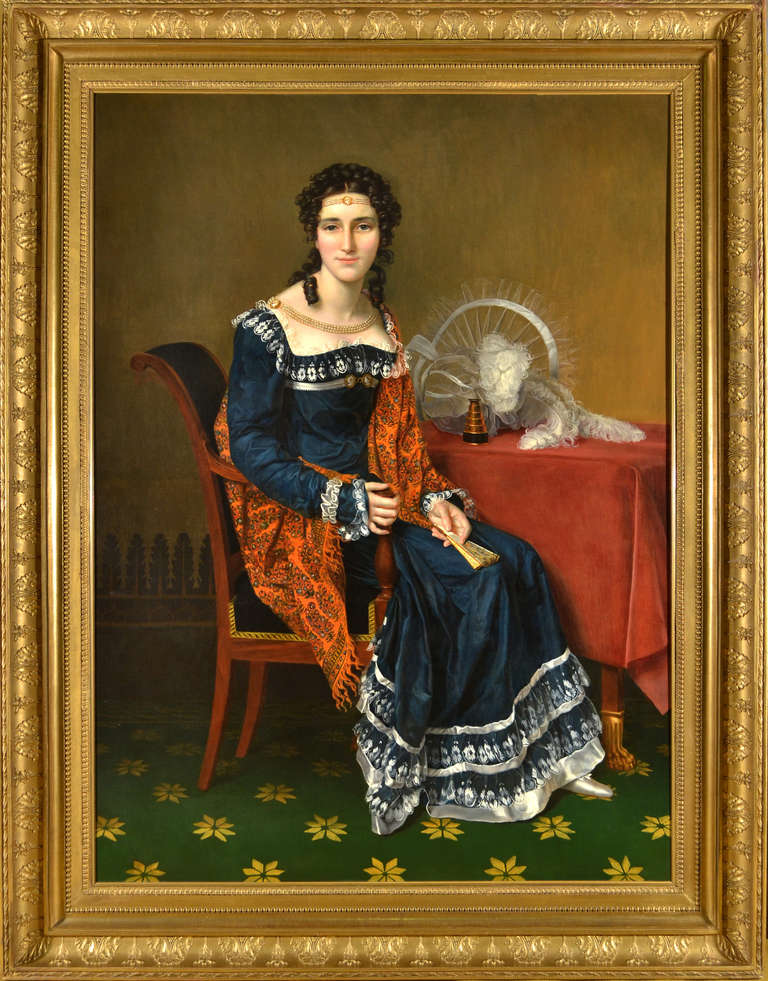 M57407.

Portrait of a lady.

Attributed to Francois Joseph Kinsoen (1771-1839).

Oil on canvas 65.5 x 48 inches.
Framed size 77 ½ x 60 ¼ inches.

A stunning portrait of a beautiful young woman, painted, circa 1810-1815, wearing a dark blue