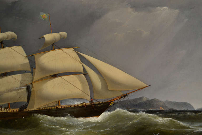 X6377

PORTRAIT OF THE IRONSHIP, ANTELOPE
LEAVING THE RIVER MERSEY
ON HER MAIDEN VOYAGE

SAMUEL WALTERS

1811-1882
Oil on canvas 26 x 40 inches
Framed size 32 ¼ x 46 ¼ inches

Samuel Walters was born on a sea passage from Bideford to