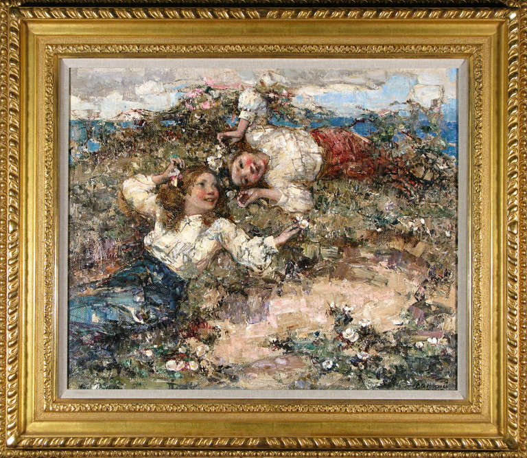 N68002
WILD FLOWERS, BRIGHTHOUSE BAY

EDWARD ATKINSON HORNEL

1864 – 1933 Signed & dated 1910
Oil on canvas 24 x 20 inches
Framed size 27 ¾ x 32 inches

Hornel was born in Australia but moved to Kirkcudbright in Scotland. He studied at