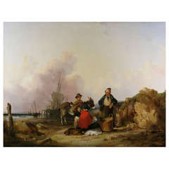 Antique William Shayer Snr - Fisherfolk on the Hampshire Coast. Oil on Canvas - 19th C