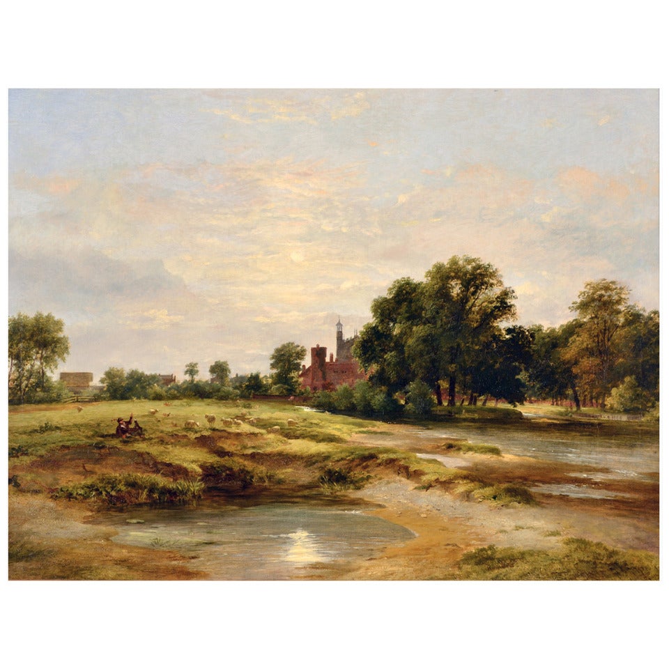 "View of Eton from Fellows' Eyot, " Oil on Canvas For Sale