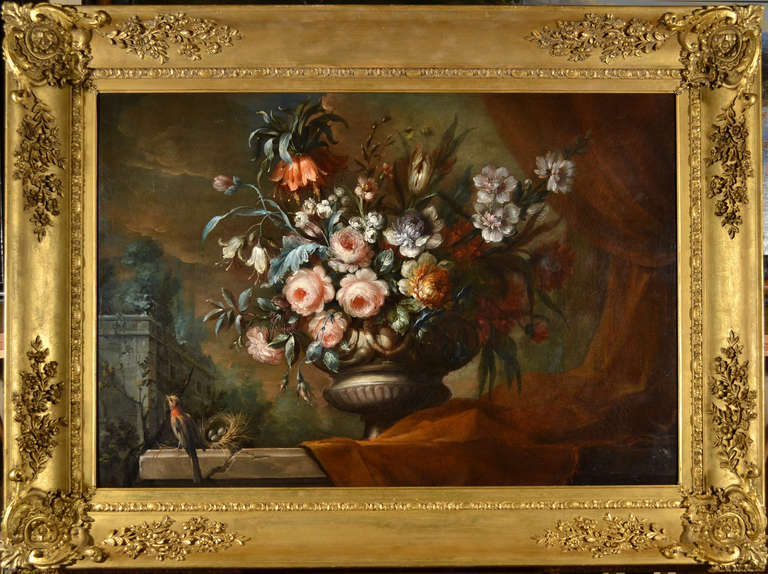 N70102.

Still life of flowers in an urn with a bird and a birds nest in a parkland setting.

Jacobus Van Huysum,

circa 1730 signed.
Oil on canvas 32 x 45 ½ inches.
Framed size 43 ½ x 58 inches.

Jacob van Huysum was born in Amsterdam