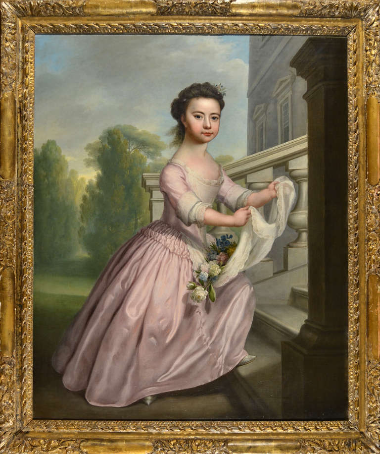 D71803

POSSIBLE PORTRAIT OF MARGARET MARSH,
WIFE OF Mr J. JOHNSON
ON THE STEPS OF A COUNTRY HOUSE

ATTRIBUTED TO BARTHOLOMEW DANDRIDGE

1691 – Circa 1755
Oil on canvas 50 x 41 inches
Framed size 57 ¾ x 49 inches

Dandridge was baptized