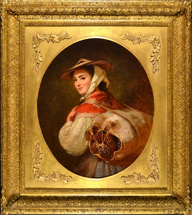 The 19th Century portrait of a lady, 'Pretty Pine Cone Gatherer' by Alfred Fowler Patten RBA was painted using oil paints between 1829–1888 and is signed - inscribed on old label verso. 

Oil on canvas 13 x 11 inches
Framed size 20 ¼ x 18 ¼