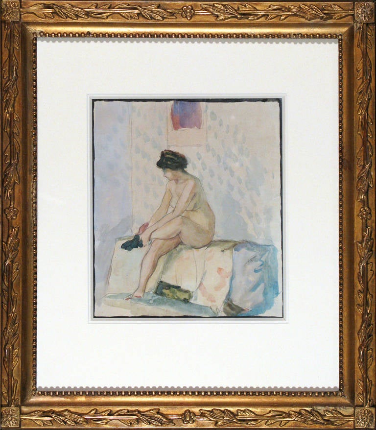 Putting on Stockings.

Aleksandr Vasilievich Shevchenko.

1883–1948 painted, circa 1905. signed Verso.
Watercolour on paper 10 ½ x 9 inches. 
Framed size 20 x 17 ½ inches. 

Shevchenko was a Ukrainian artist born in Kharkov. He started