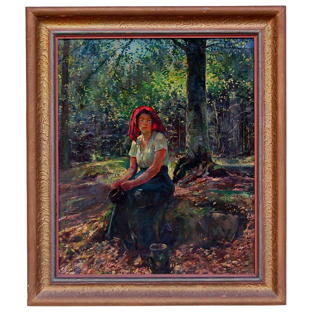 Leo Bauer, "Girl in the Woods" Painting For Sale