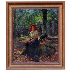 Leo Bauer, "Girl in the Woods" Painting