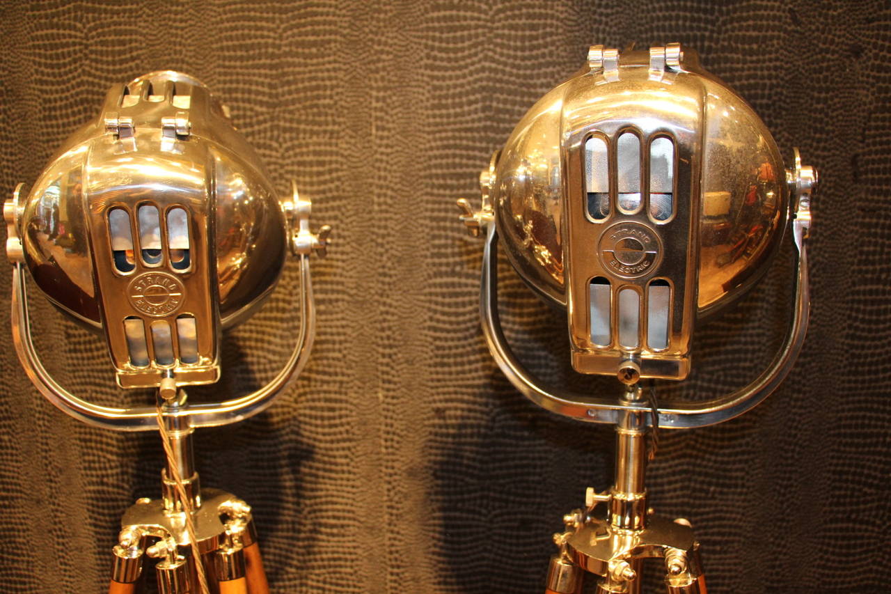 Polished Pair of Theater Studio Spotlights on Wood Tripods