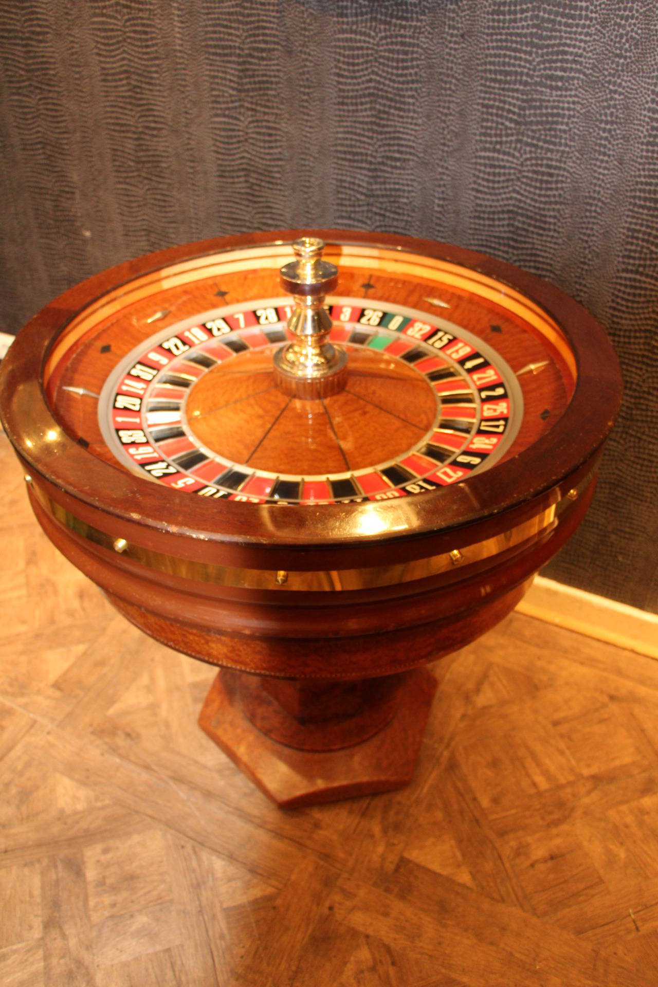 British Mahogany and Amboina Casino Roulette Wheel by John Huxley