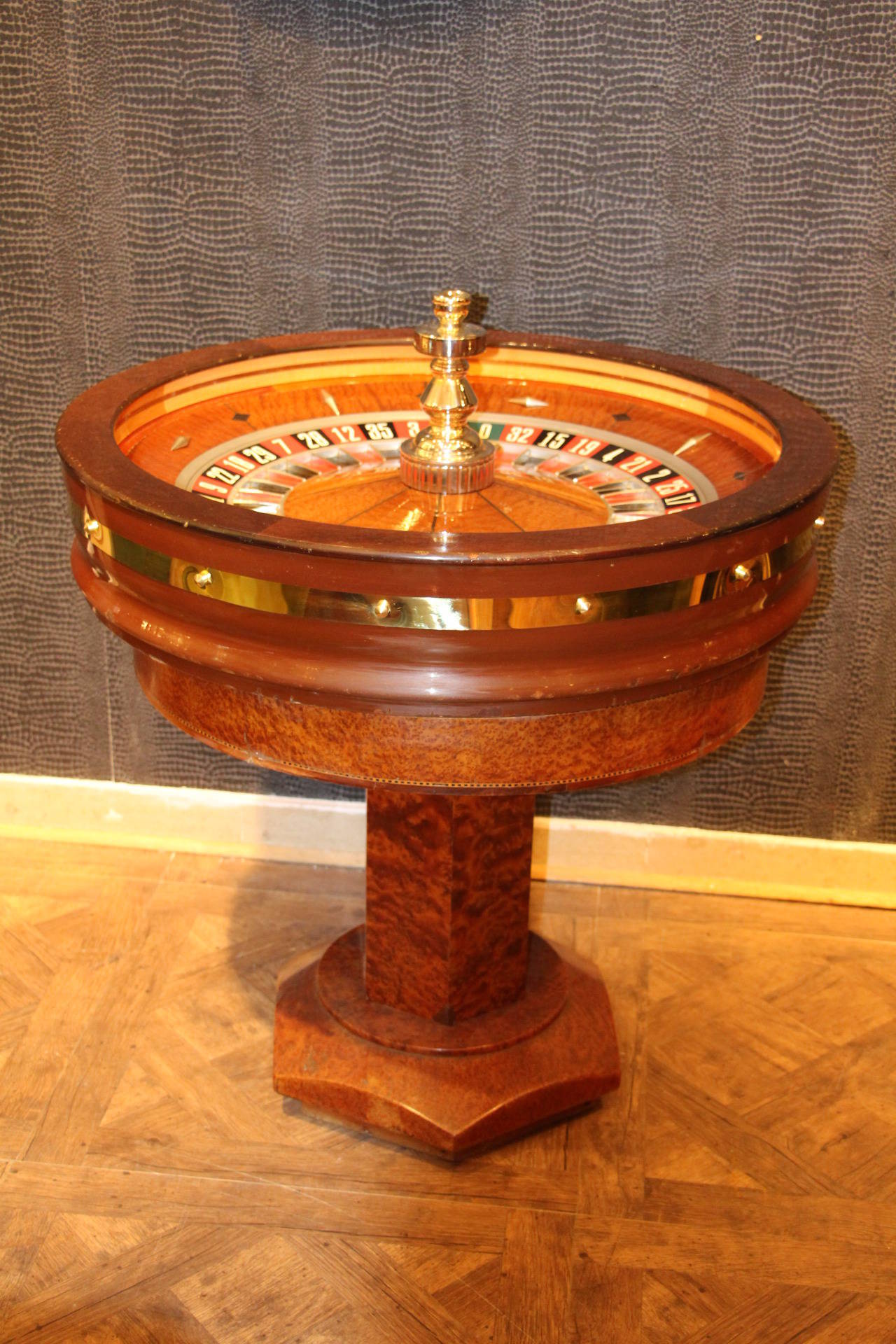 Mahogany and Amboina Casino Roulette Wheel by John Huxley 1