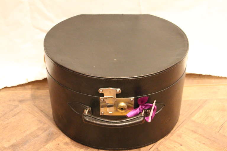 black leather round hat box