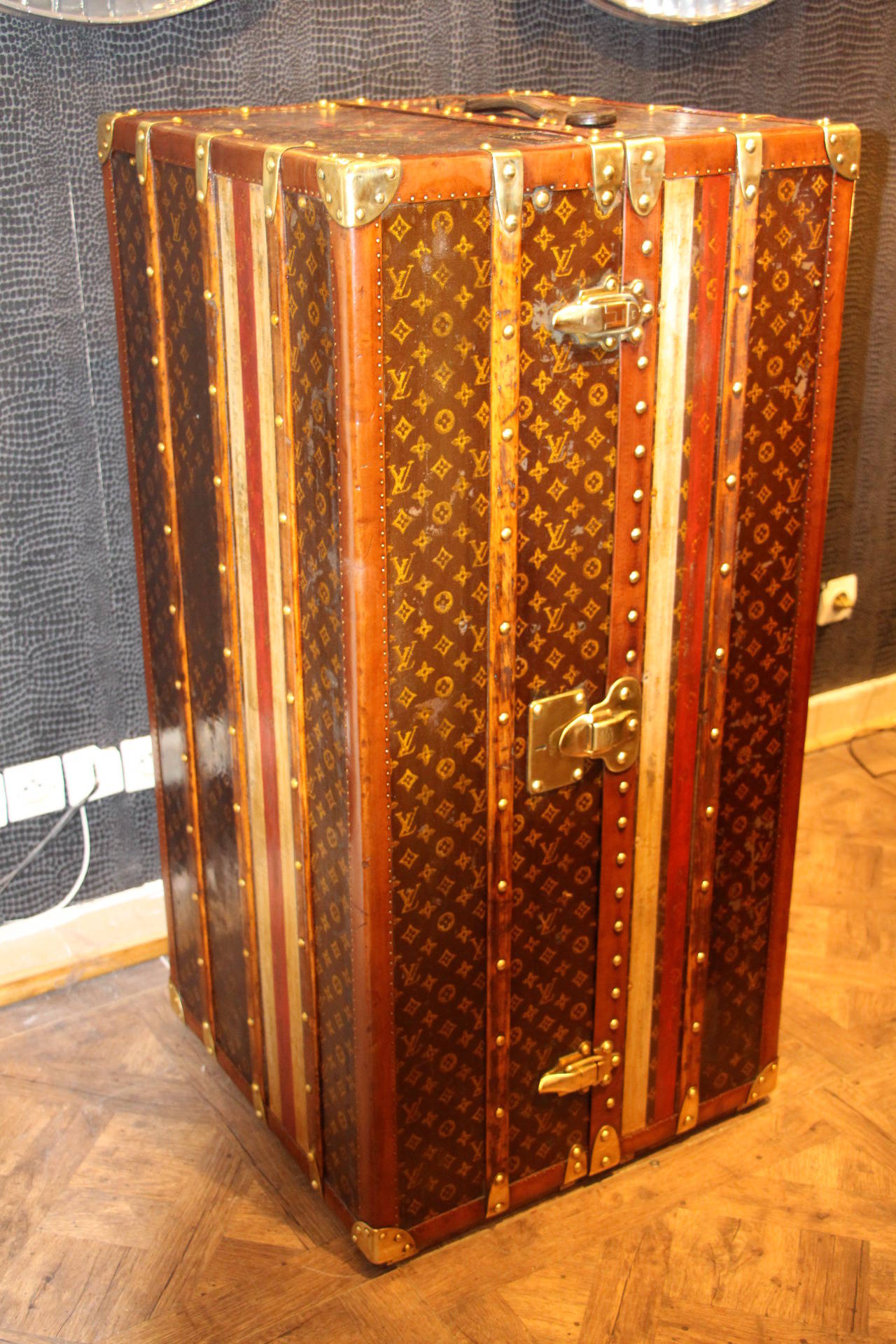 Early 20th Century 1920's Louis Vuitton Stenciled Canvas and Brass Fittings Wardrobe Steamer Trunk