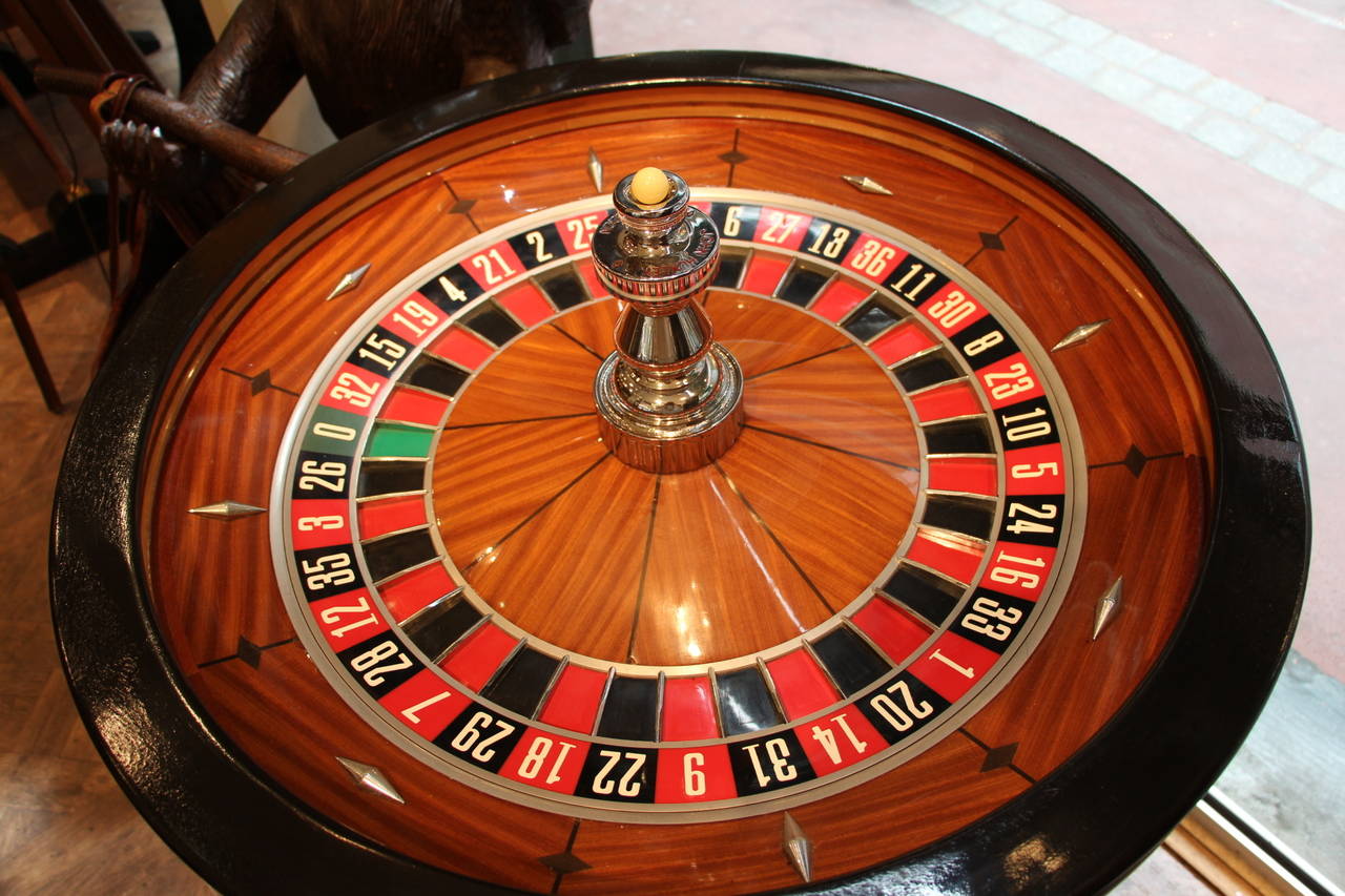 Brass Mahogany and Black Wood Casino Roulette Wheel by John Huxley