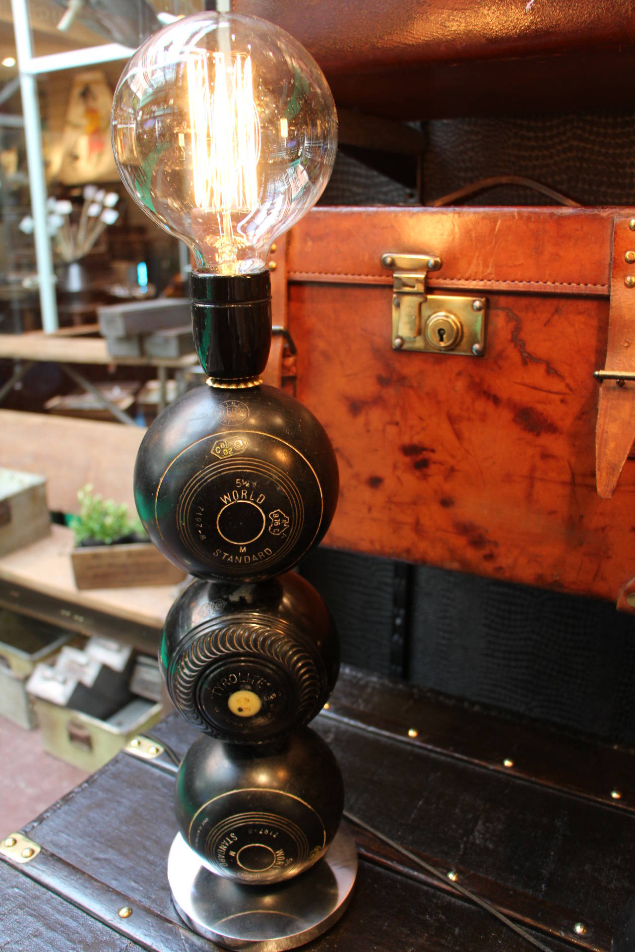 Pair of Black Green Bowling Balls Lamps at 1stdibs