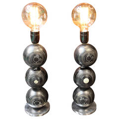 Pair of Black Green Bowling Balls Lamps