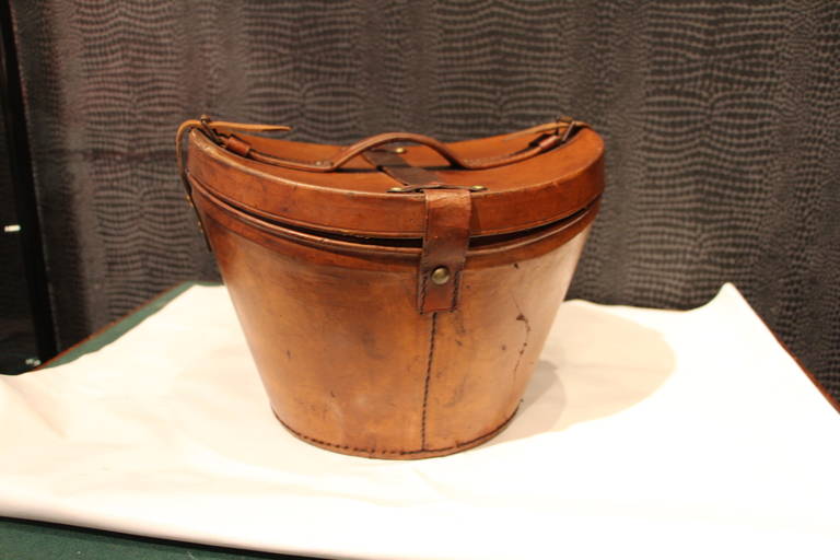Wood 19th Century Bucket Shape Leather Hat Box
