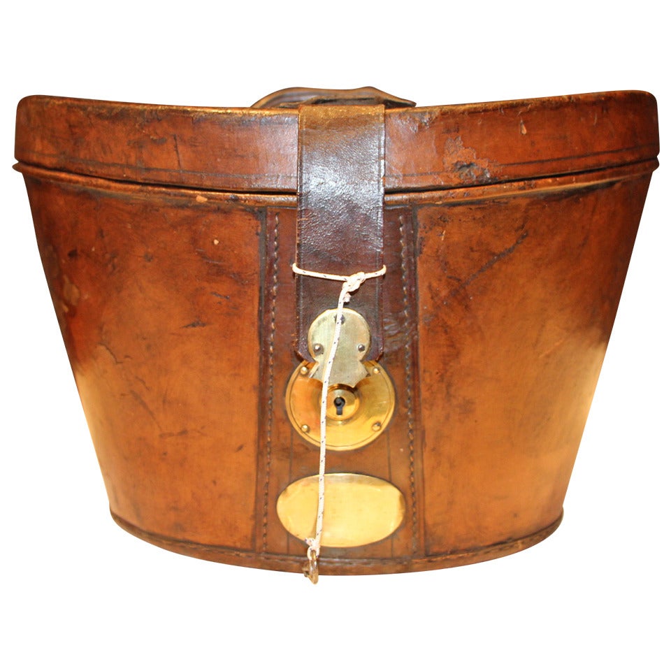 19th Century Bucket Shape Leather Hat Box