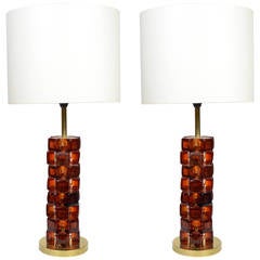 Tall Pair of Orange Murano Glass Lamps in the Style of Poliarte