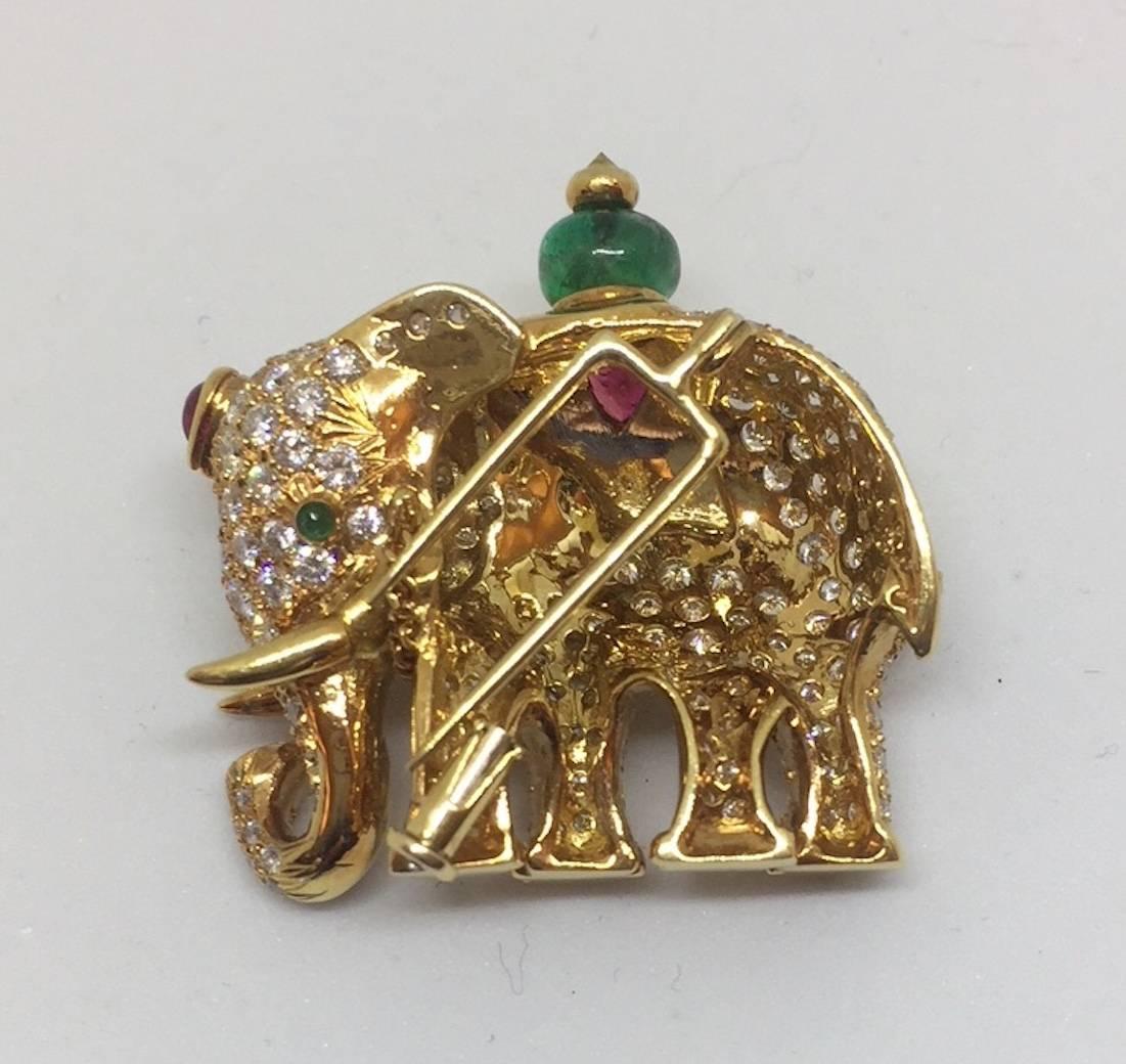 Contemporary Diamond Emerald Ruby Gold Elephant Brooch
