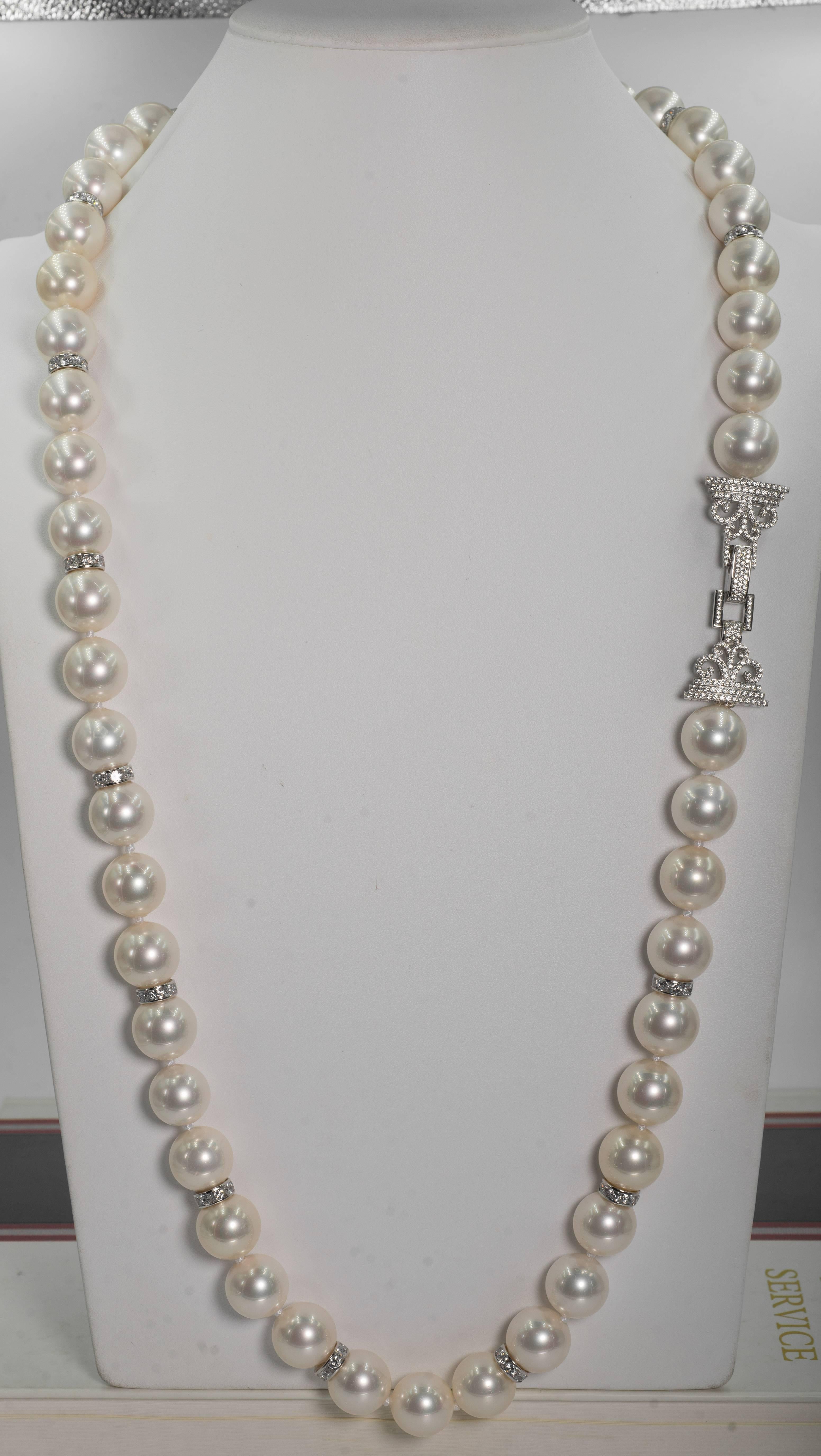 Faux Pearl Cubic Zirconia Sterling Rondels 36 Inches Long Necklace Art Deco In New Condition In New York, NY
