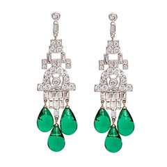 Magnificent Costume Jewelry Diamond Emerald Art Deco Style Chandelier Earrings
