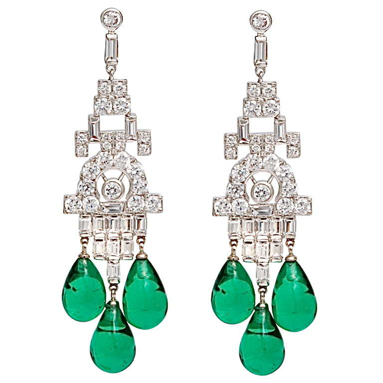 Faux Diamond Emerald Art Deco Style Chandelier Earrings made of cubic zirconia and vintage glass emerald drops for pierced ears, rhodium plated three inches long and quite fabulous!