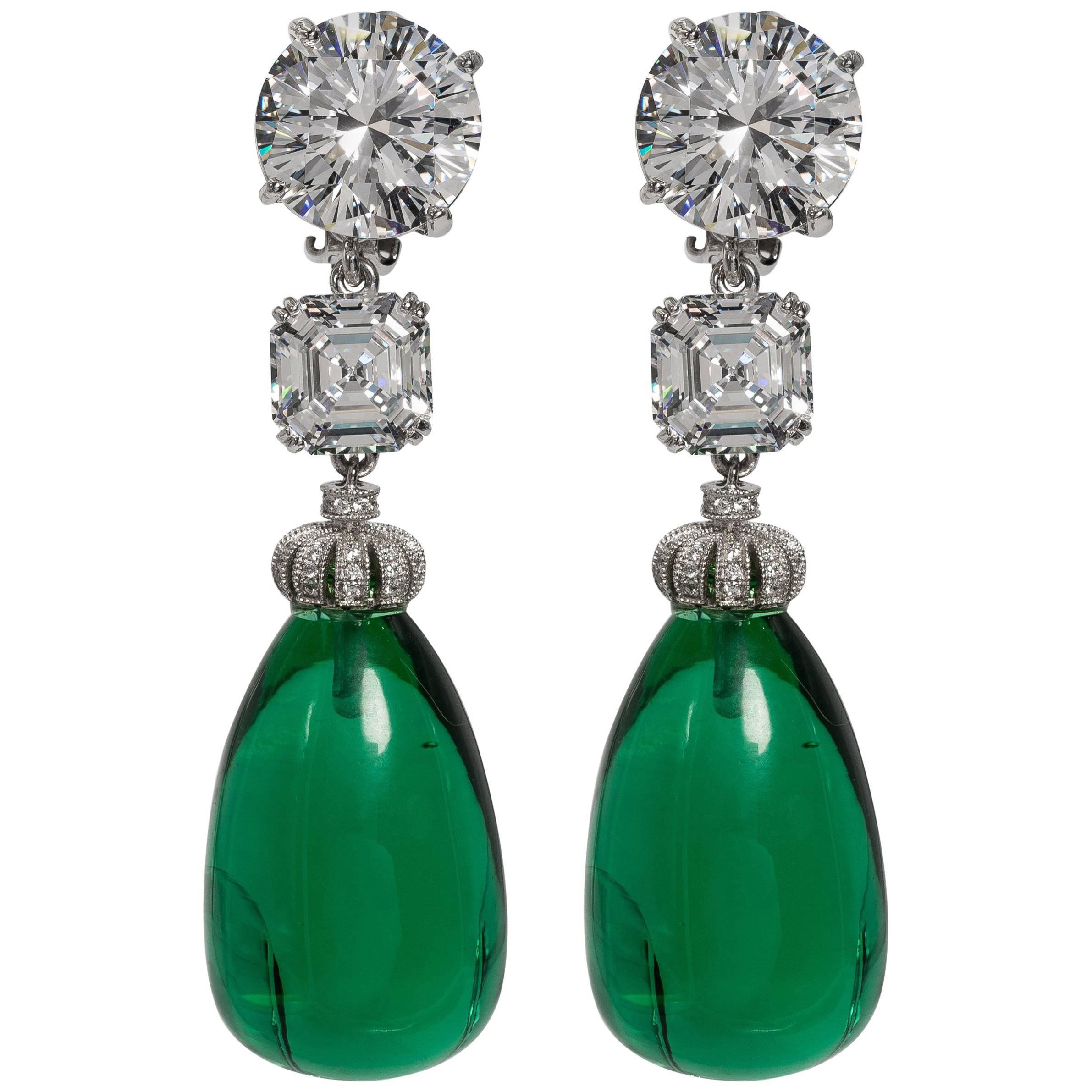 Magnificent Costume Jewelry Diamond Large Cabochon Emerald Drop Earrings
