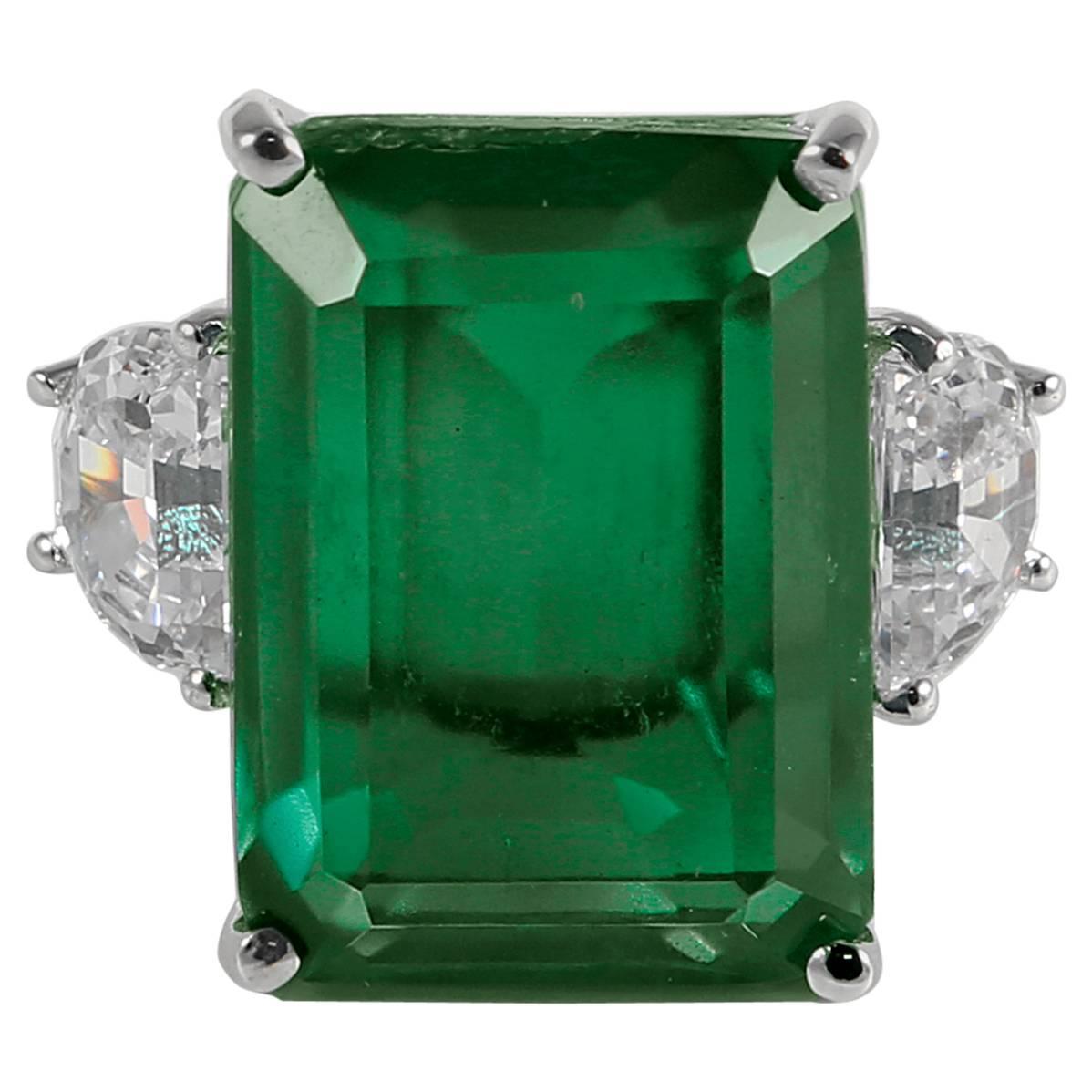 Synthetic 25 Carat Rectangular Step Cut Emerald Diamond Ring