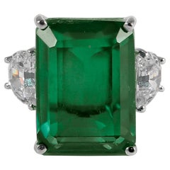 Synthetic 25 Carat Rectangular Step Cut Emerald Diamond Ring