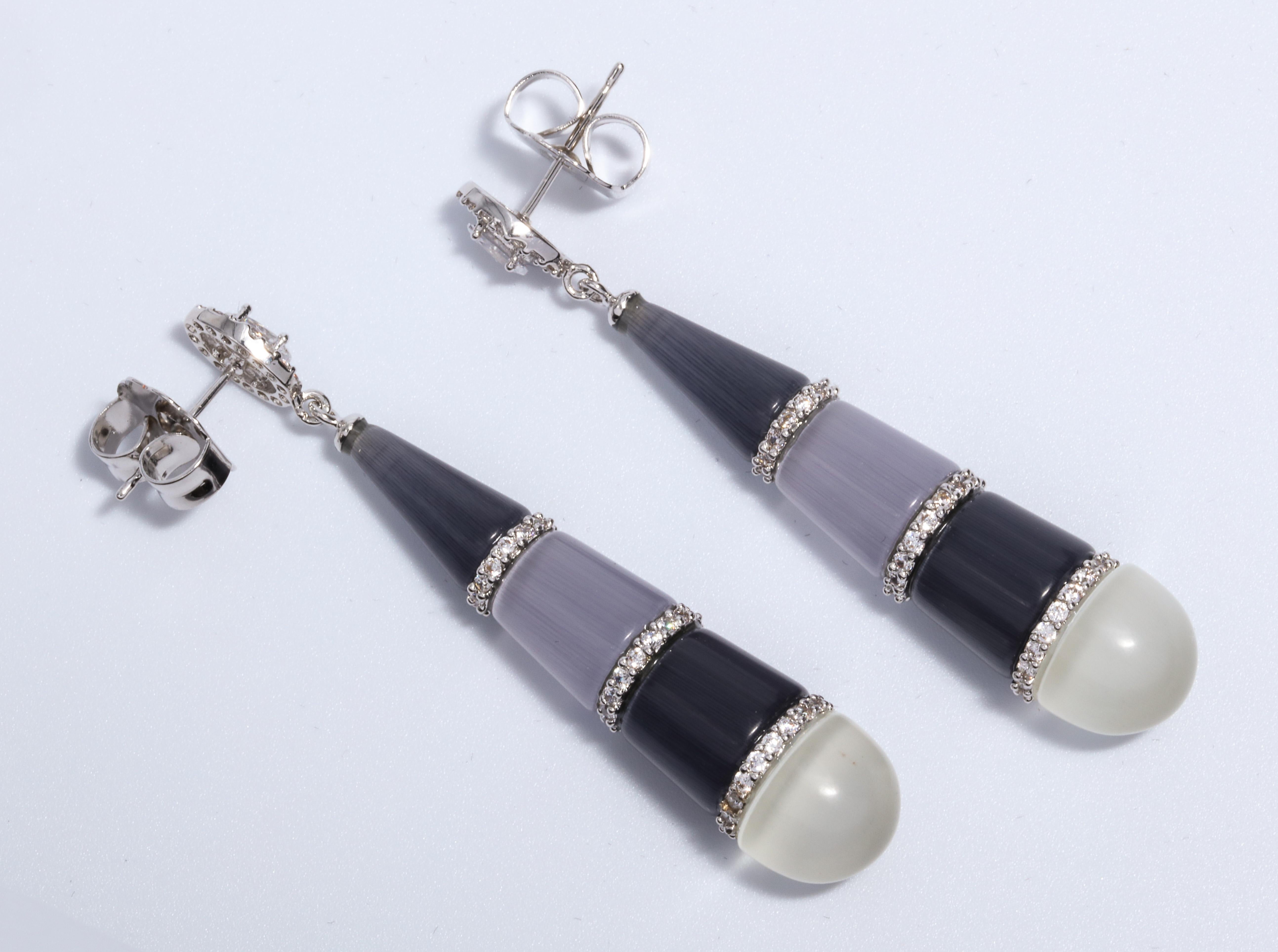 Magnificent Costume Jewelry Art Deco Style Faux Onyx Diamond Moonstone Drop Earrings Post set with CZ  2 1/4inches long