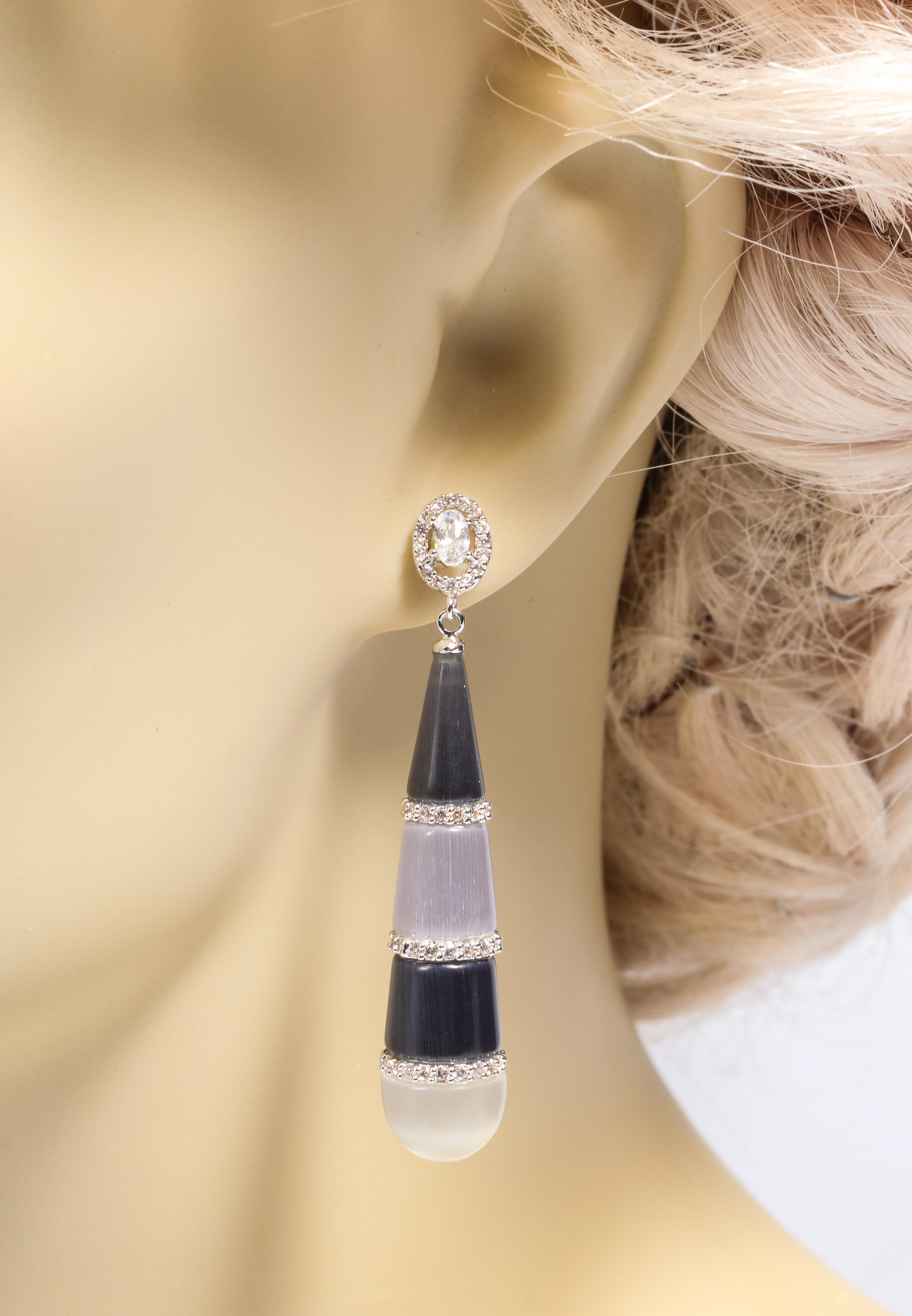 Women's Art Deco Style Faux Onyx Cubic Zirconia Moonstone Drop Earrings