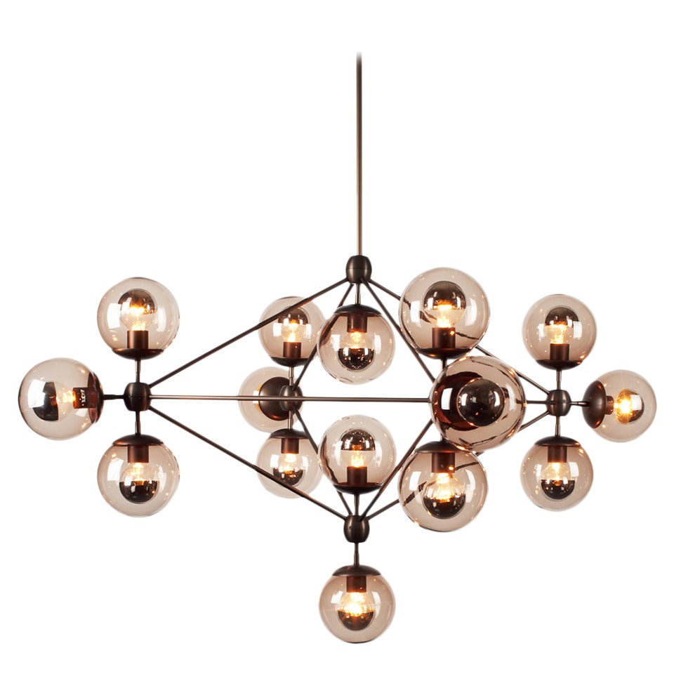 Jason Miller Modo Chandelier 4 Sided 15 Globes Bronze Smoke Glass Lighting For Sale