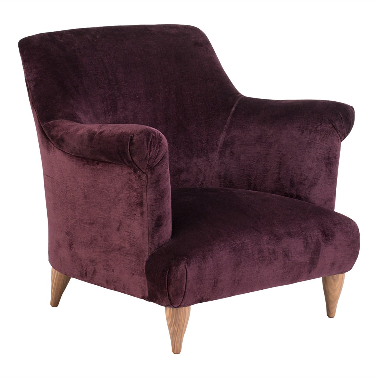 Russell Pinch for The Future Perfect Goddard Armchair, Aubergine Linen Velvet For Sale