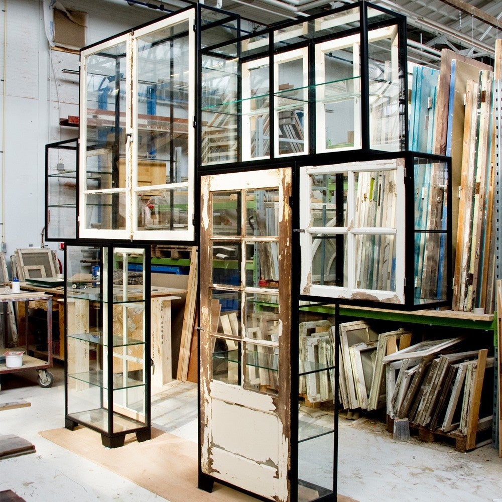 Reclaimed Wood Piet Hein Eek Old Windows Cabinet, Custom Configurable Glass Shelving Unit For Sale