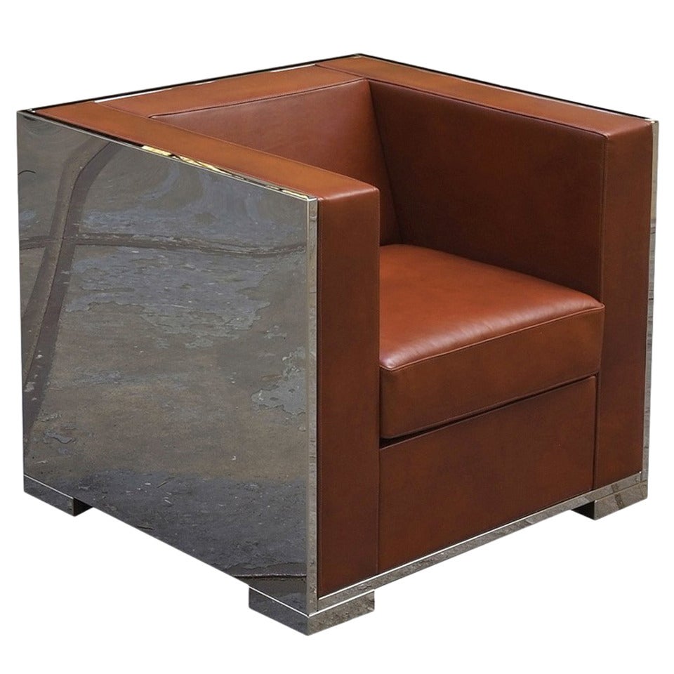 Glossy Armchair with Leather Upholstery For Sale