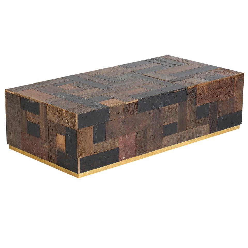Piet Hein Eek Coffee Cube Table in Reclaimed Dark Wood Scrapwood with Brass Band For Sale