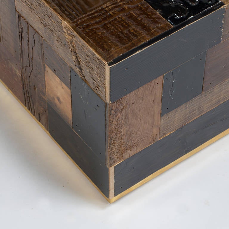 Dutch Piet Hein Eek Coffee Cube Table in Reclaimed Dark Wood Scrapwood with Brass Band For Sale