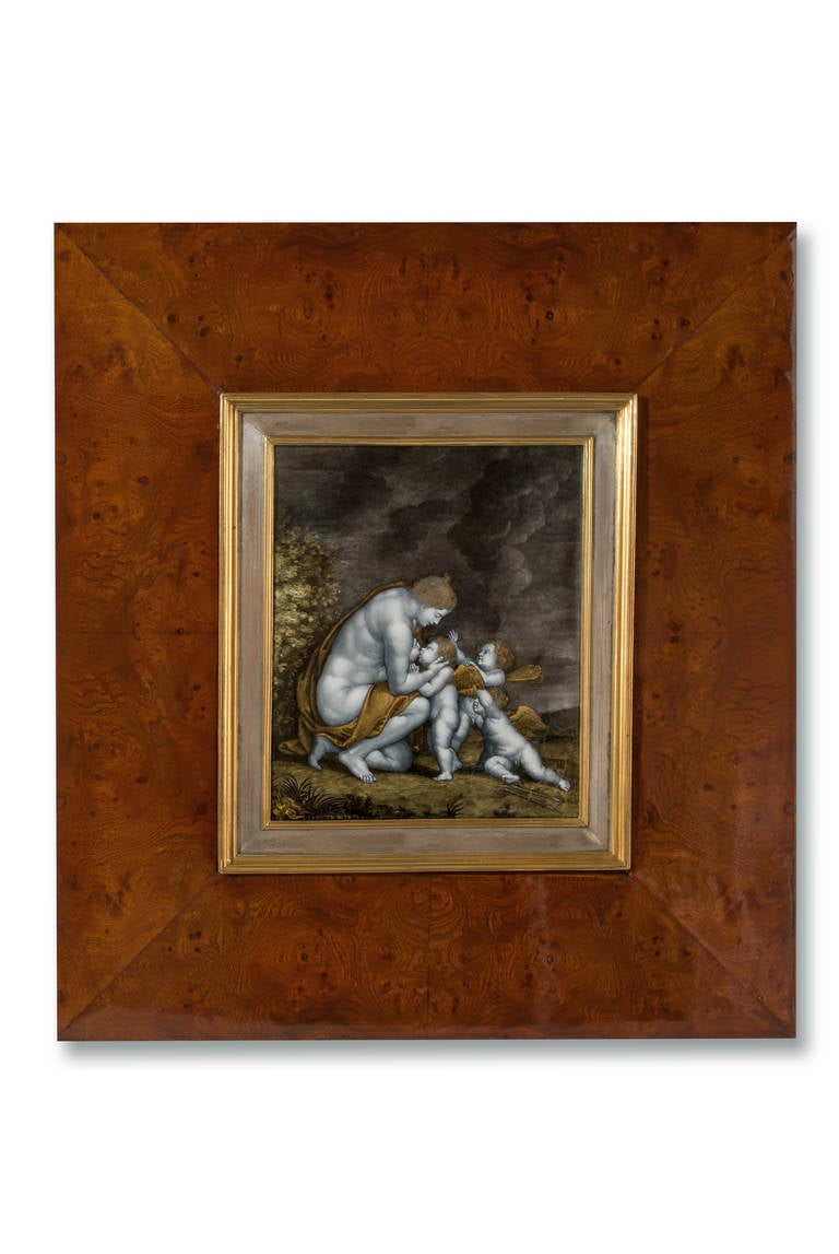 'Venus et Amour, ' Enamel on Copper Painting by Leon Lannier