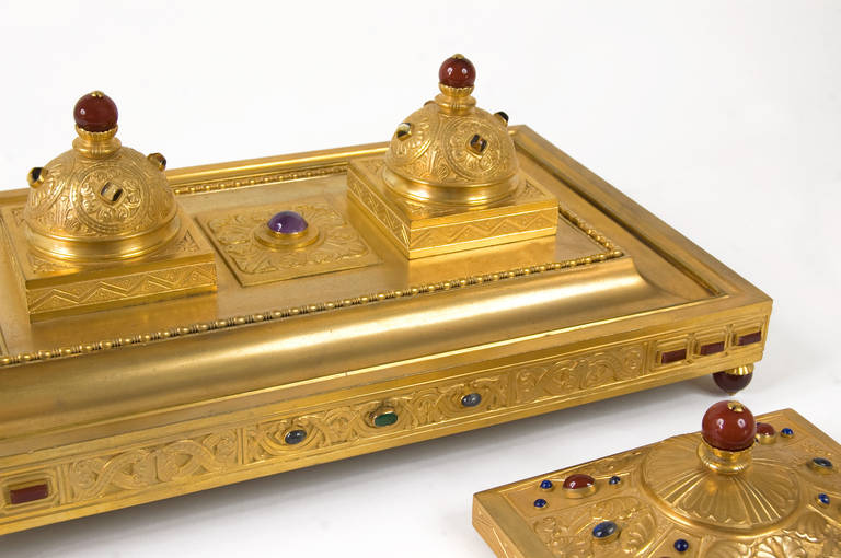German Inkstand in Gilded Bronze and Semi-Precious Stones by Otto Rohloff For Sale
