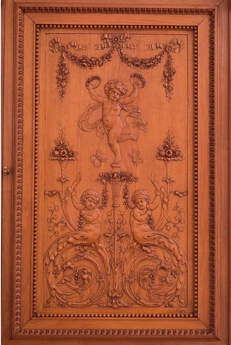 Solid carved boxwood Serre-Bijoux Cabinet with marquetry interior. This unique piece of furniture was presented at the Exposition des Arts Décoratifs de Lyon de 1884 and quoted in the Revue des Arts Décoratifs.

Engraved and stamped signature of