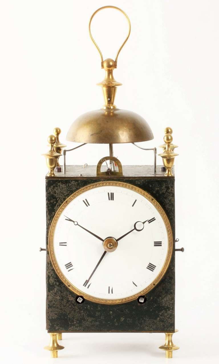 French Brass Patinated Iron Mounted Capucine Travel Clock, circa 1800